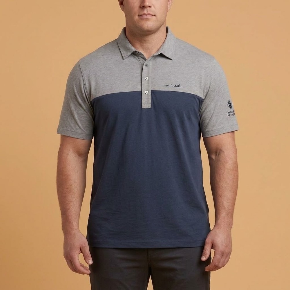 TravisMathew Golf Polo Shirt Mens Large Gray Blue Colorblock Peruvian Cotton EUC